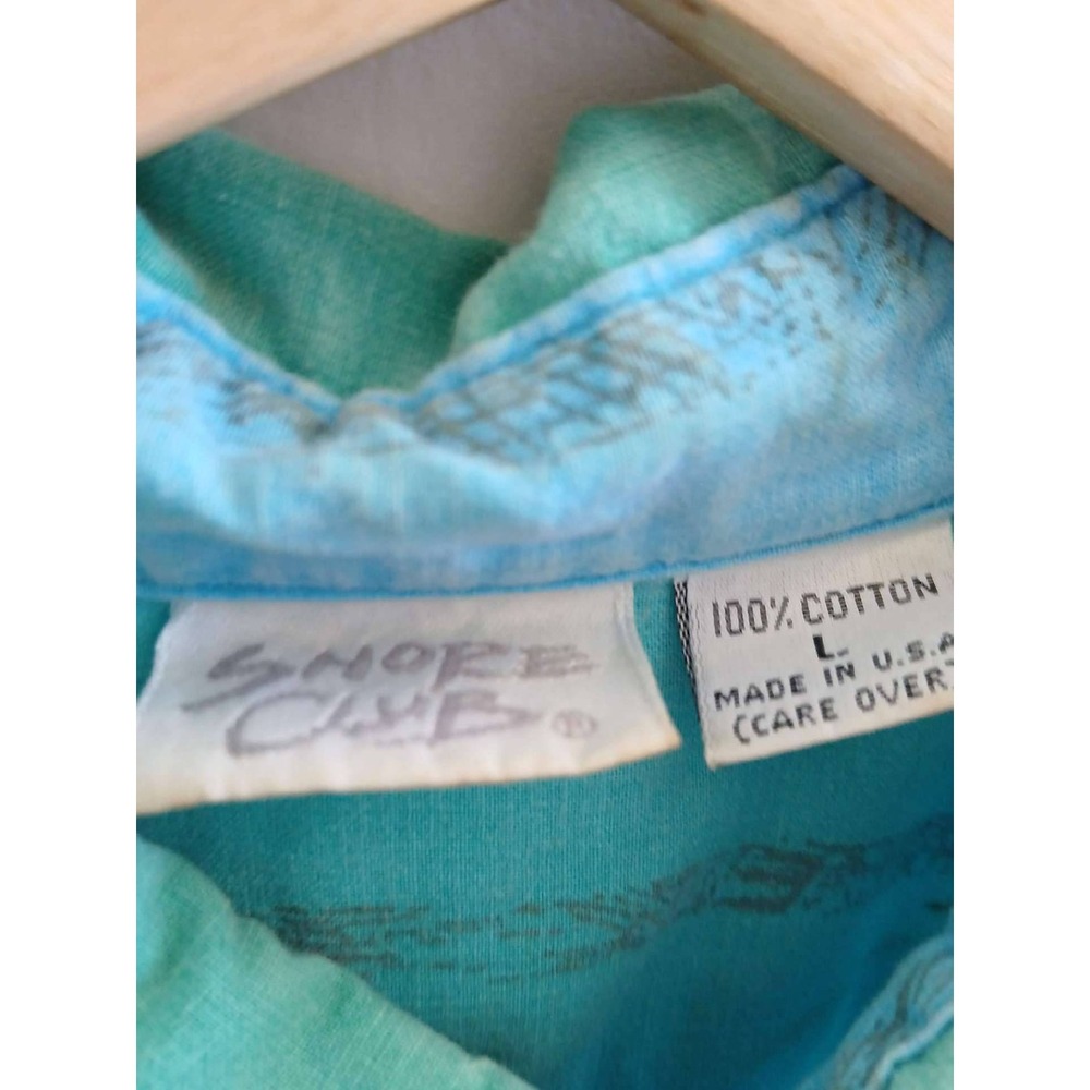 Shore Club Mens Vintage Teal Blue Striped Cotton Short Sleeve - Picture 2 of 2